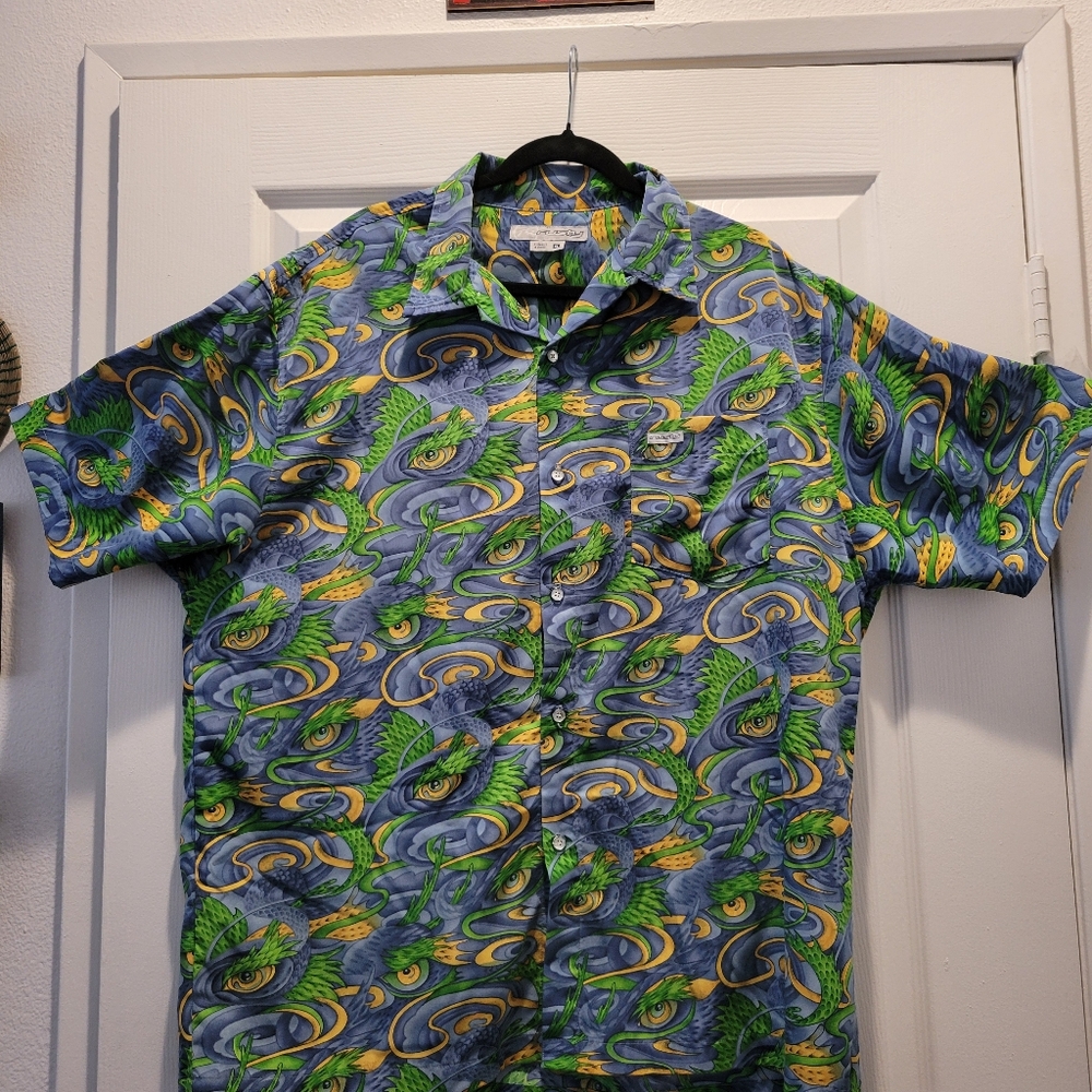 Dragon Eyes Casual Button Down Shirt in Blue and Green